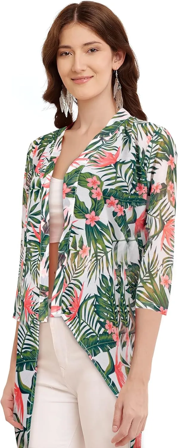 Women's Floral Print Puff Sleeve Kimono Cardigan Loose Cover Up Casual Blouse Tops (WS104-P)