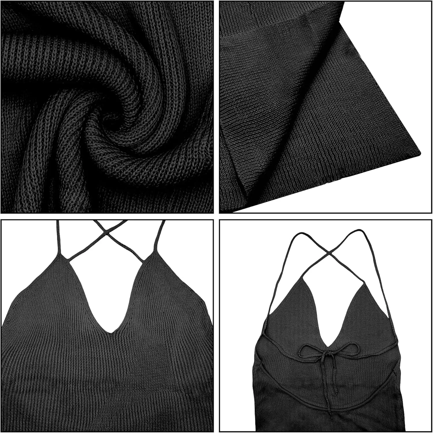Women's Knitted Cover Up Dress Sexy Open Back Halter V Neck Double High Slit Long Dress
