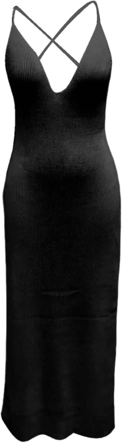 Women's Knitted Cover Up Dress Sexy Open Back Halter V Neck Double High Slit Long Dress
