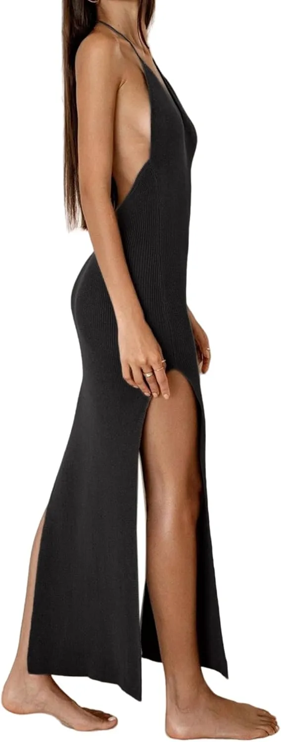 Women's Knitted Cover Up Dress Sexy Open Back Halter V Neck Double High Slit Long Dress