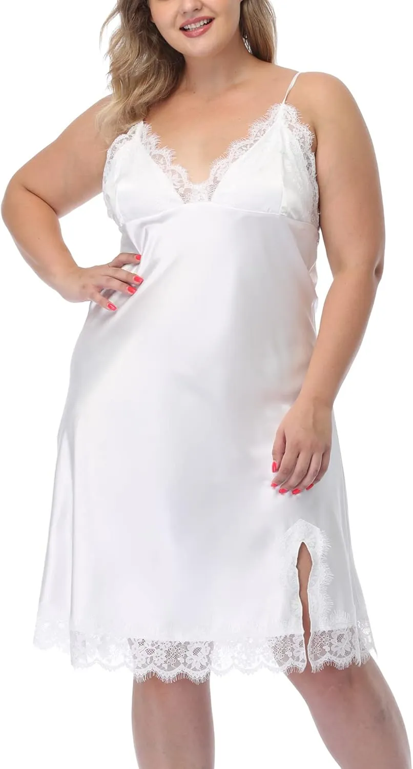 Women's Plus Size Satin Slip Nightgown Lace Chemise Lingeries Sexy Slit Negligees Sleepwear Bridal Lingerie