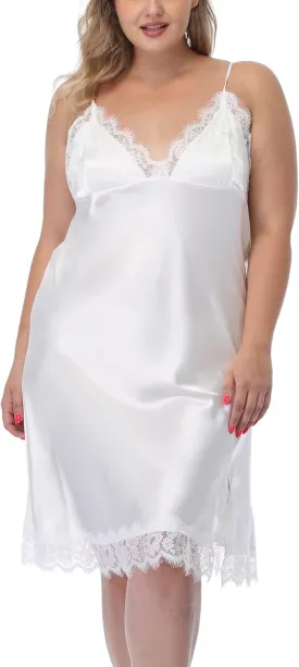 Women's Plus Size Satin Slip Nightgown Lace Chemise Lingeries Sexy Slit Negligees Sleepwear Bridal Lingerie