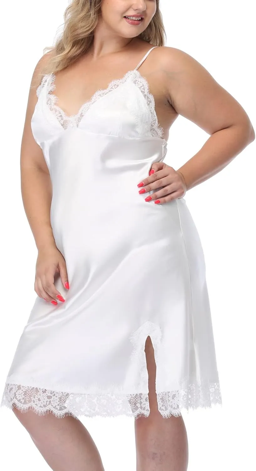 Women's Plus Size Satin Slip Nightgown Lace Chemise Lingeries Sexy Slit Negligees Sleepwear Bridal Lingerie