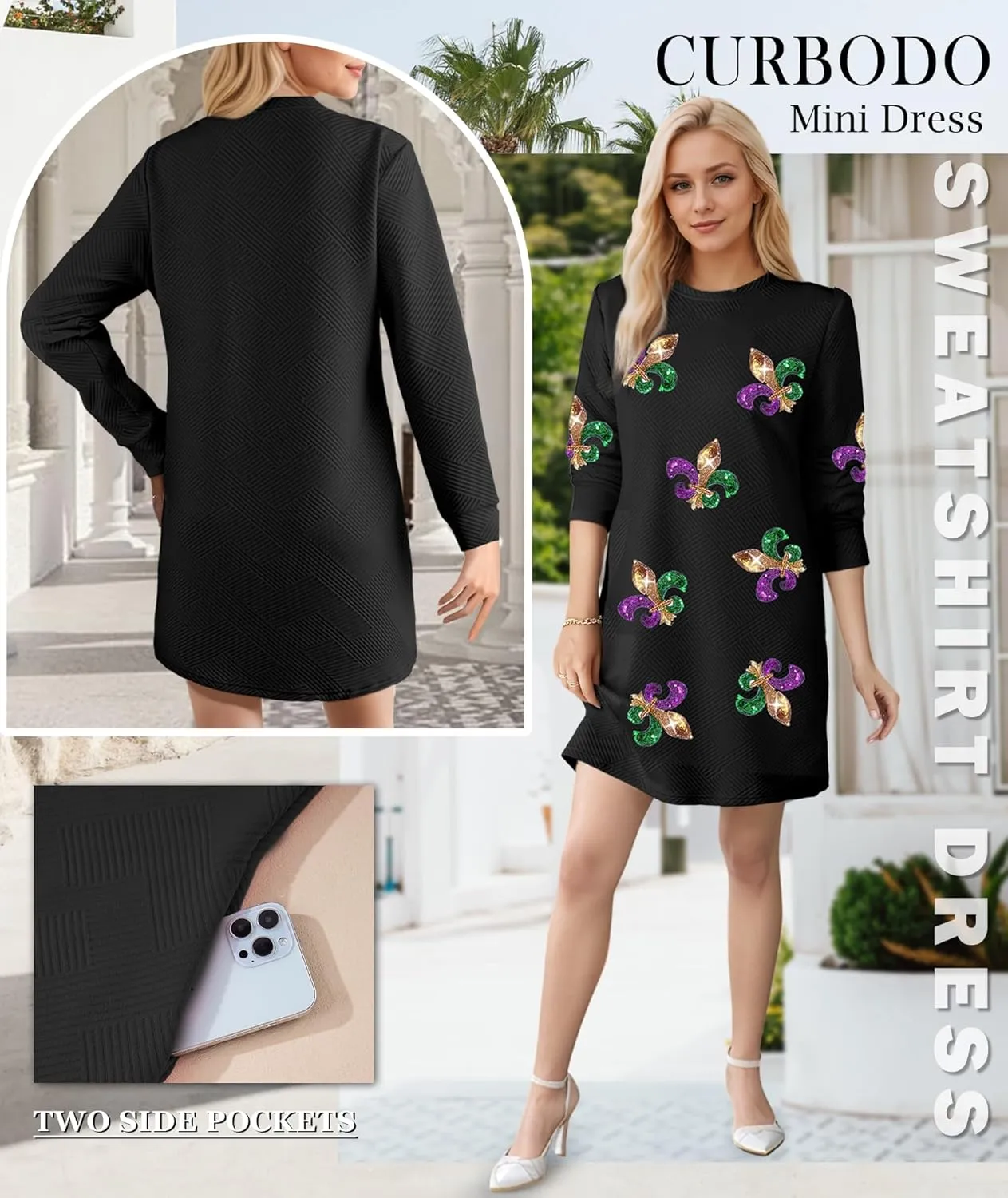 Women's Pullover Sweatshirt Dress Crewneck Long Sleeve 2025 Trendy Fall Casual Textured Mini Dresses with Pockets
