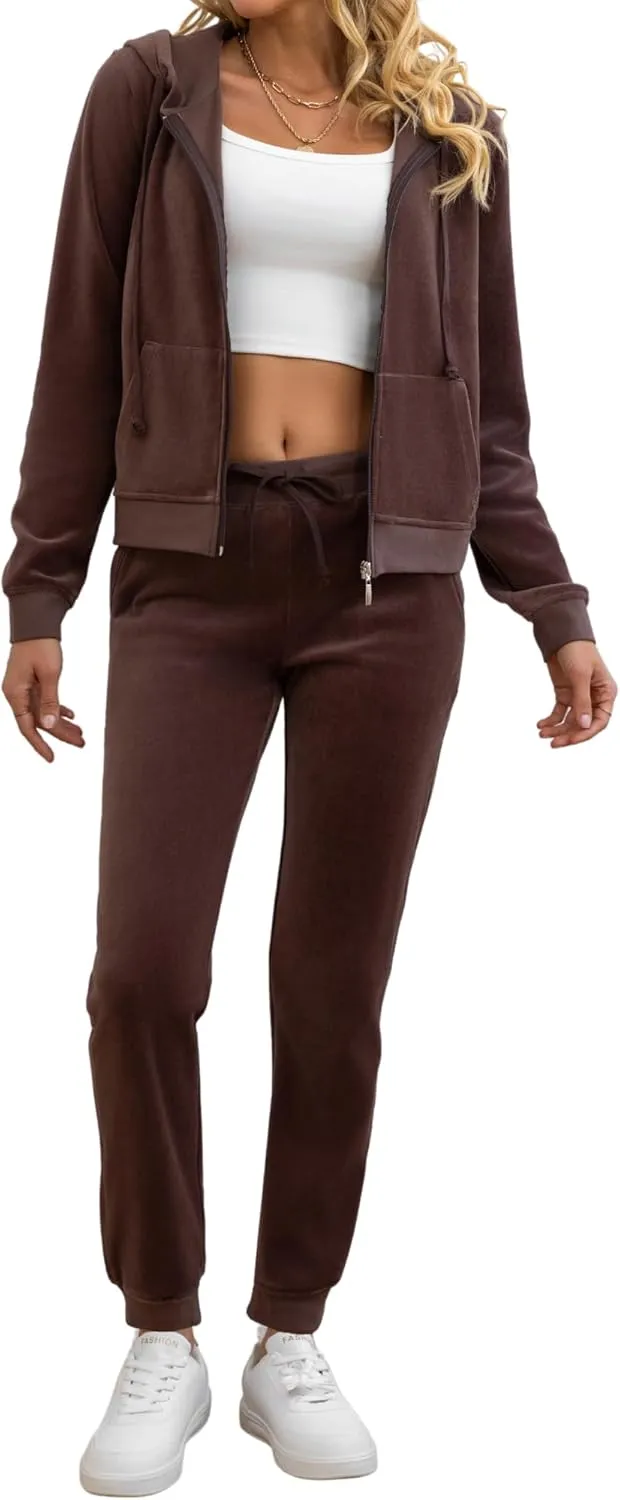 Womens Tracksuit Set  2 Piece Slim Fit Velour Velvet Casual Zip Up Hoodie Jacket Sweatsuit and Sweatpants S-XL