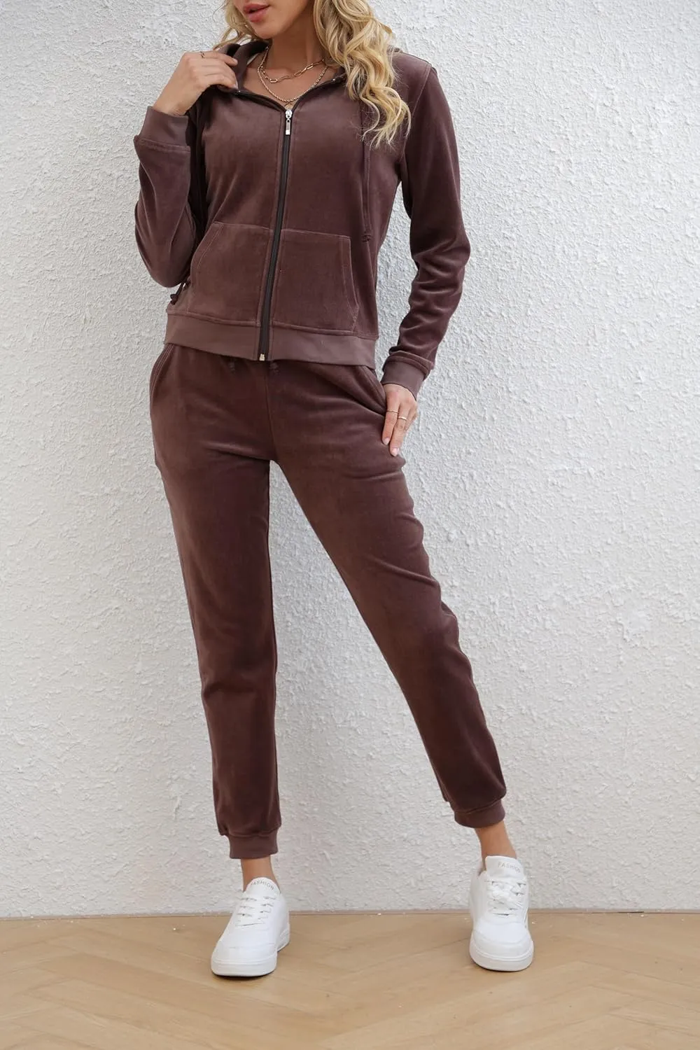 Womens Tracksuit Set  2 Piece Slim Fit Velour Velvet Casual Zip Up Hoodie Jacket Sweatsuit and Sweatpants S-XL