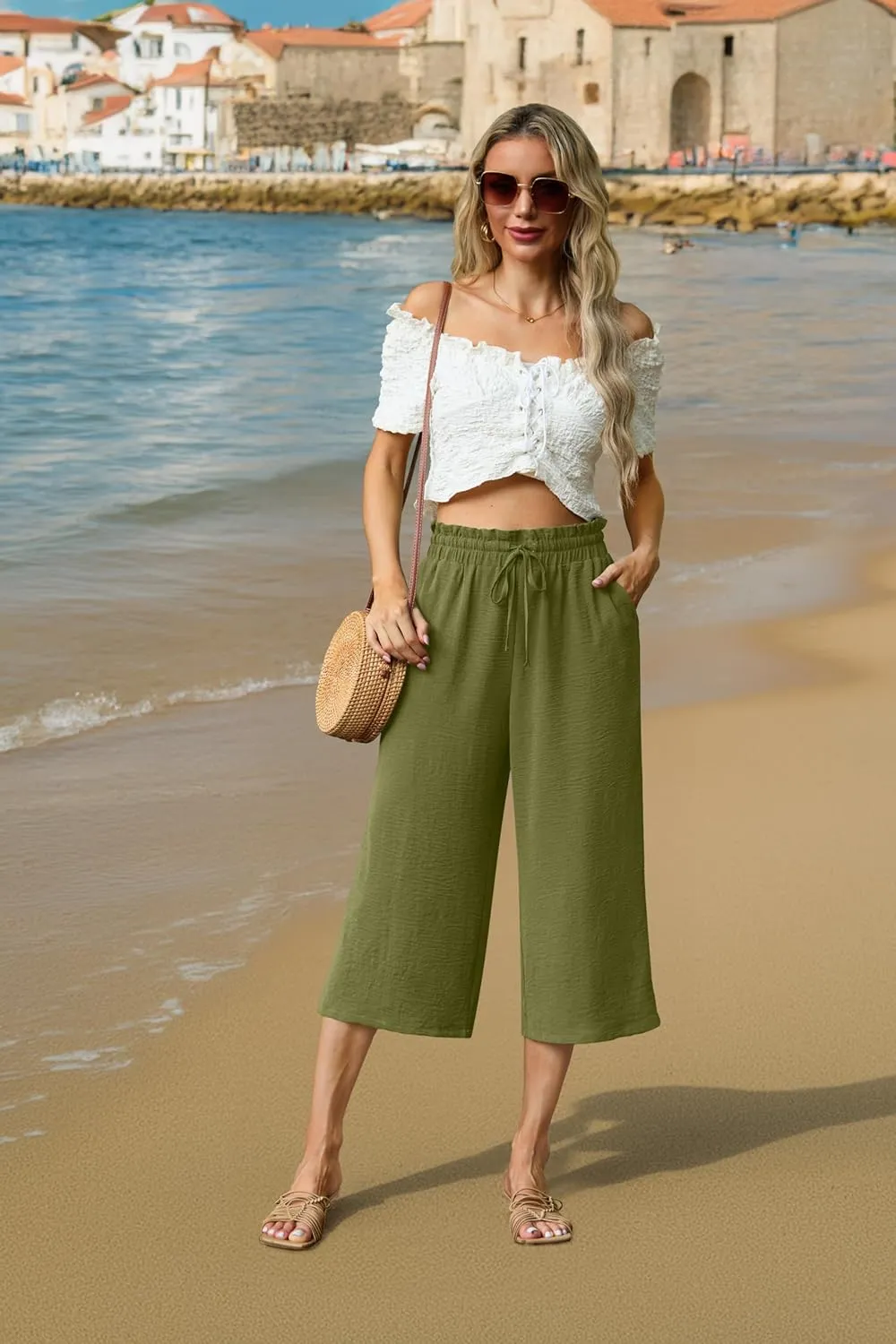Womens Wide Leg High Waisted with Tie Belt Pockets Summer 2025 Vacation Pants