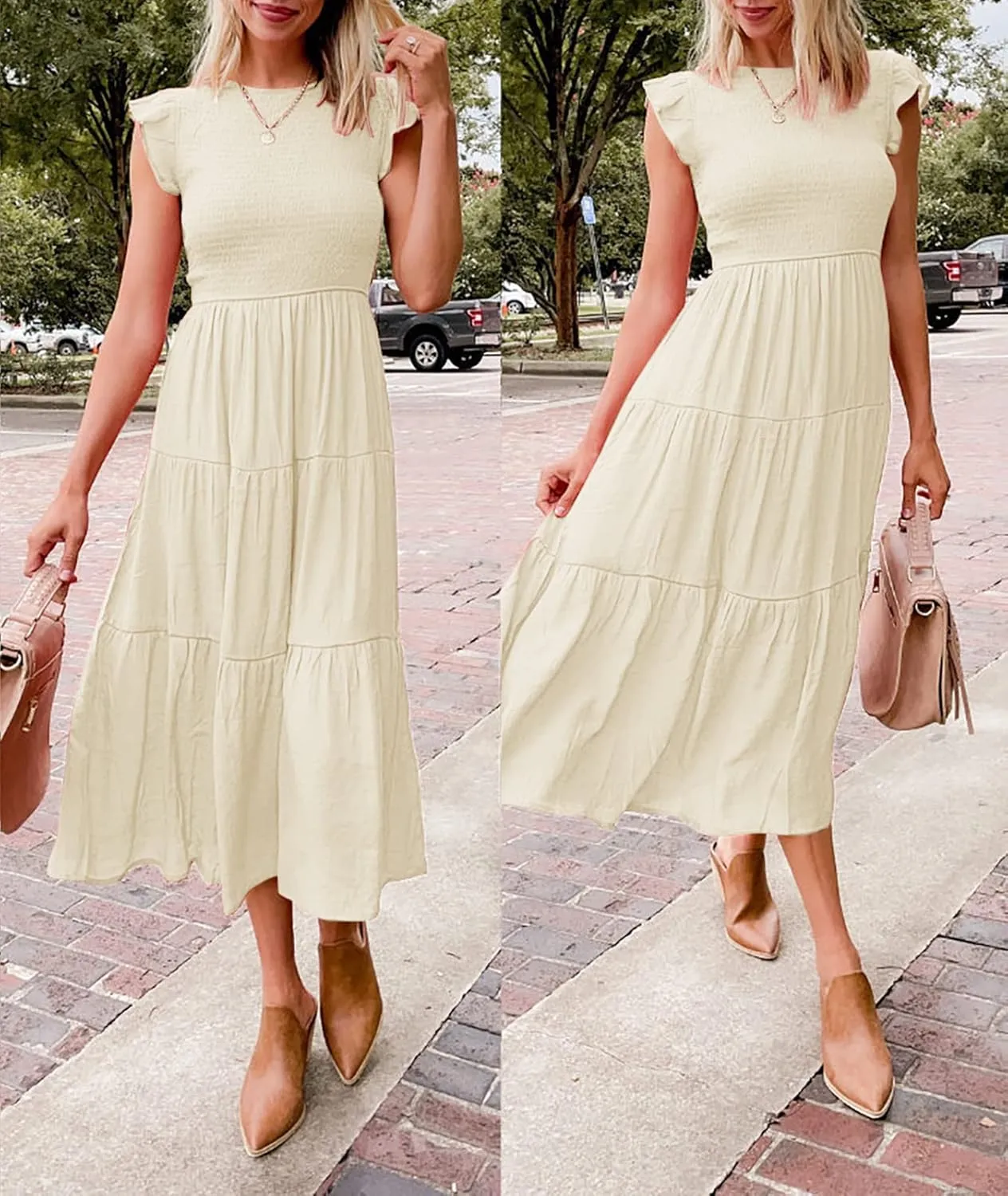 ZCSIA Women's Summer Casual Ruffle Short Sleeve Crewneck Smocked Tiered A Line Midi Dress