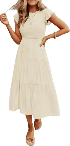 ZCSIA Women's Summer Casual Ruffle Short Sleeve Crewneck Smocked Tiered A Line Midi Dress