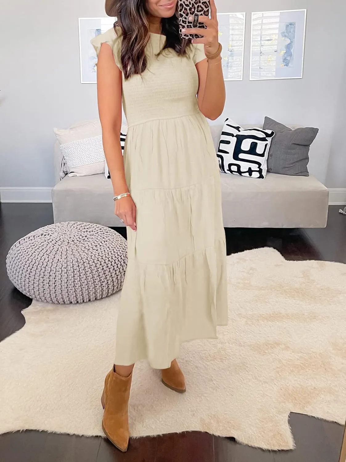 ZCSIA Women's Summer Casual Ruffle Short Sleeve Crewneck Smocked Tiered A Line Midi Dress