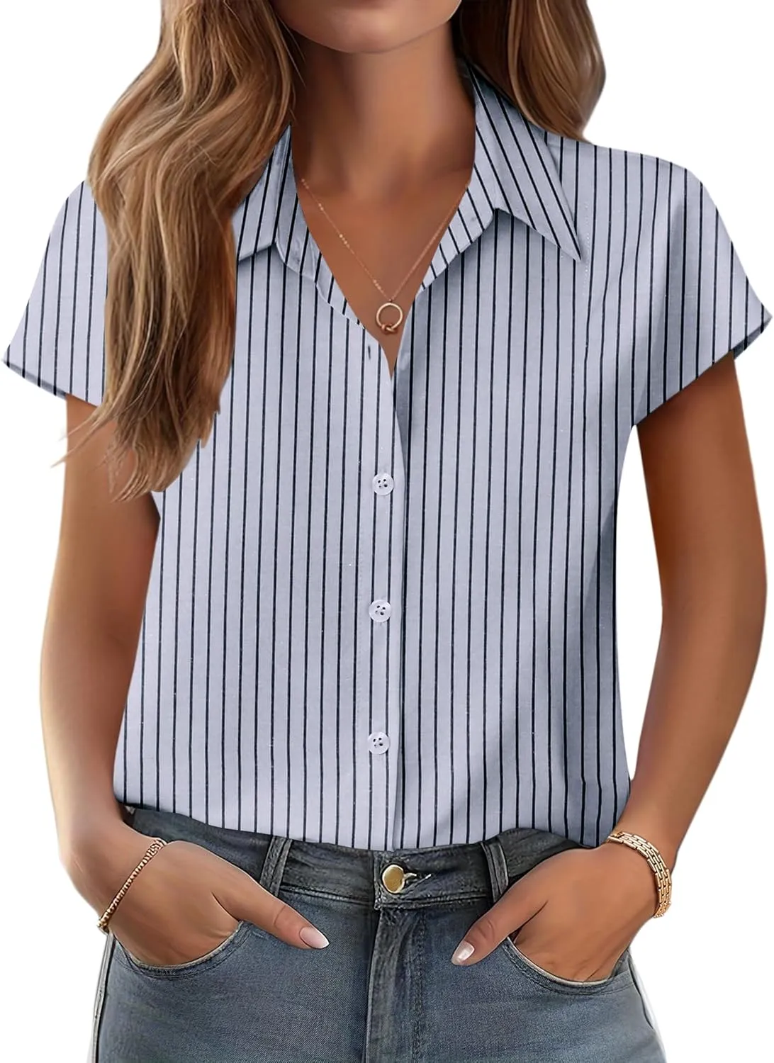 Zeagoo Womens Button Down Shirt V Neck Blouses Cap Sleeve Top Dressy Casual Blouses 2025 Trendy Bussiness Work Outfits S-XXL