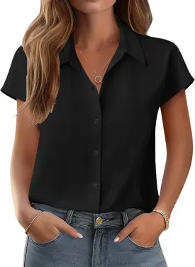 Zeagoo Womens Button Down Shirt V Neck Blouses Cap Sleeve Top Dressy Casual Blouses 2025 Trendy Bussiness Work Outfits S-XXL