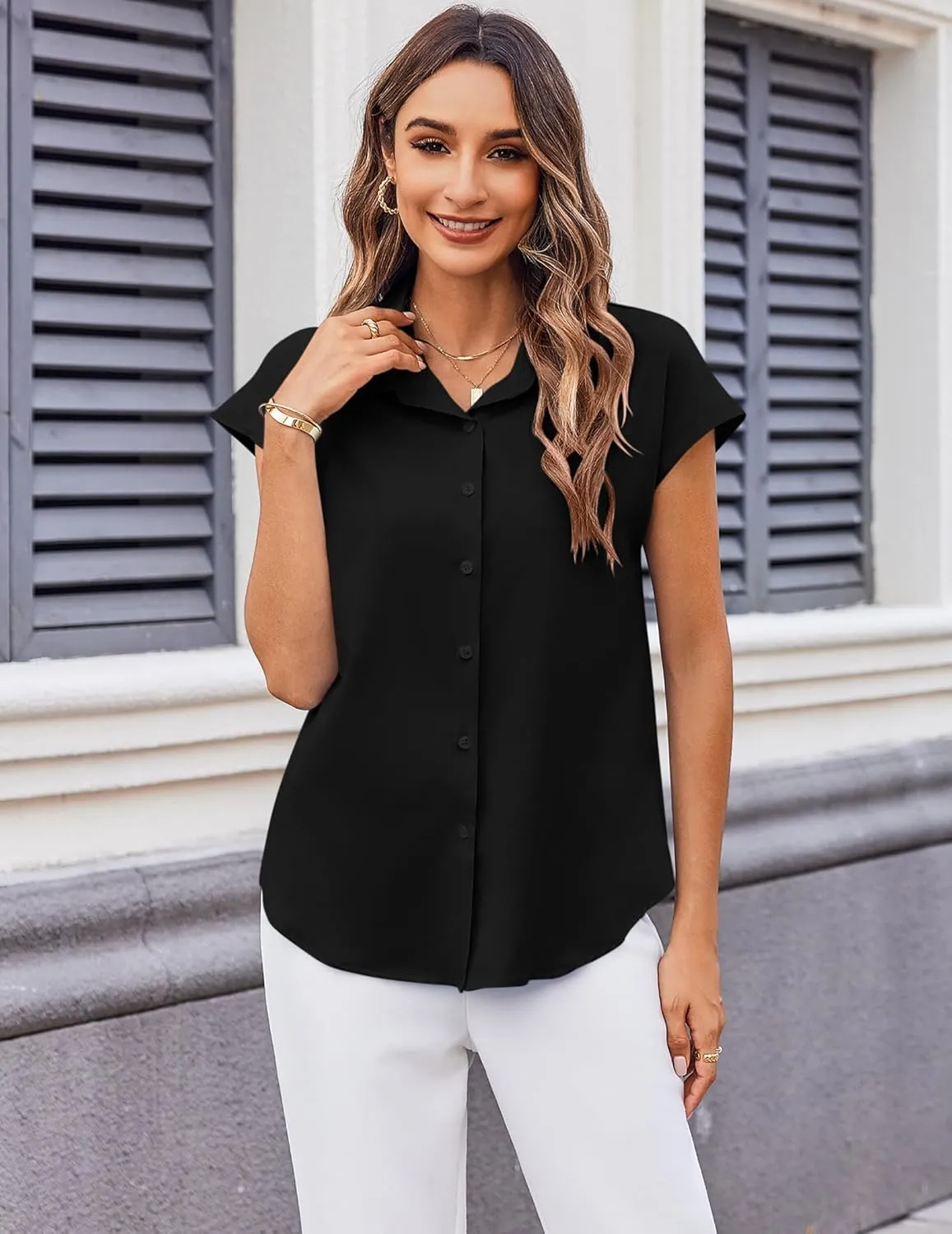 Zeagoo Womens Button Down Shirt V Neck Blouses Cap Sleeve Top Dressy Casual Blouses 2025 Trendy Bussiness Work Outfits S-XXL