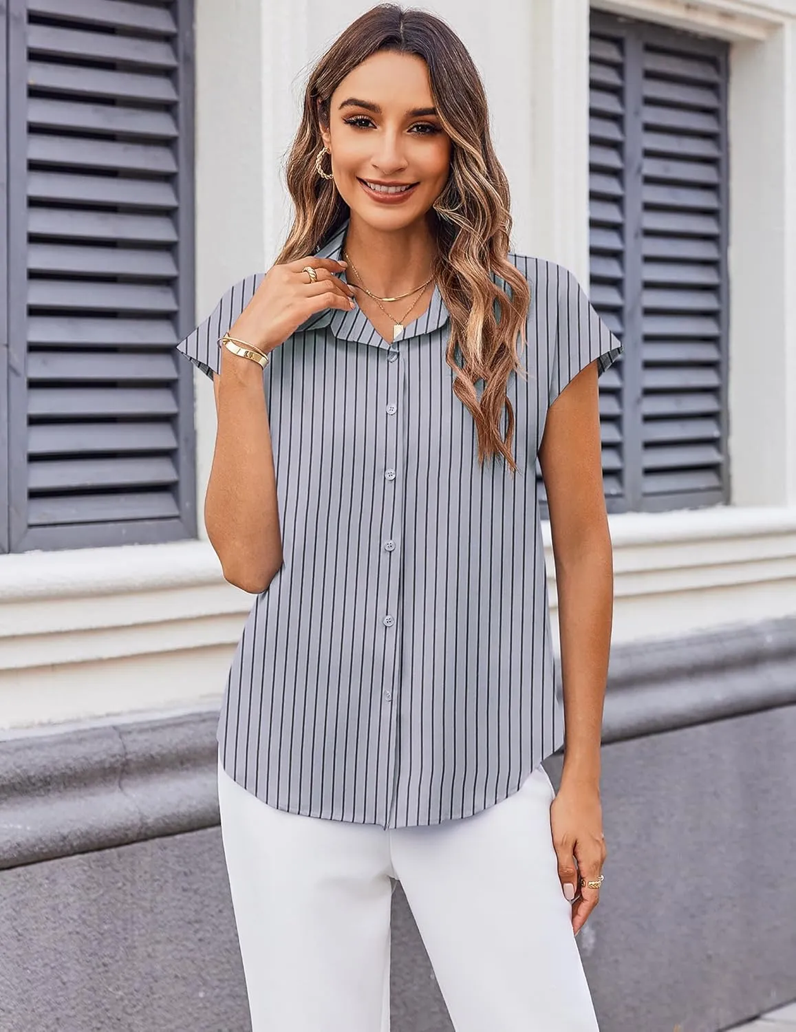 Zeagoo Womens Button Down Shirt V Neck Blouses Cap Sleeve Top Dressy Casual Blouses 2025 Trendy Bussiness Work Outfits S-XXL