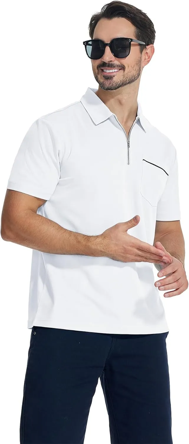 ZITY Mens Polo Shirts Quarter Zip Shirts Casual Classic Lightweight Short Sleeve Golf Collared Shirt with Pocket