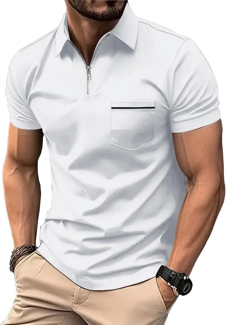 ZITY Mens Polo Shirts Quarter Zip Shirts Casual Classic Lightweight Short Sleeve Golf Collared Shirt with Pocket
